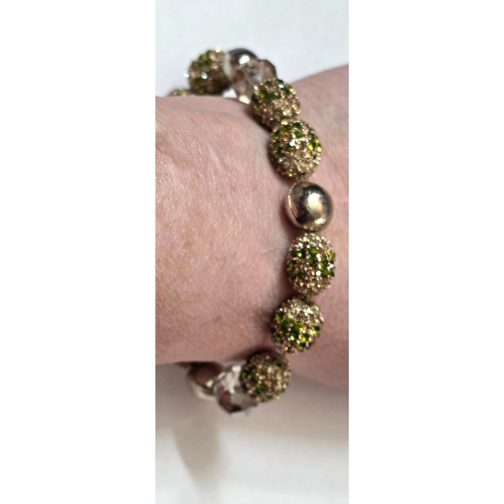 Vtg Goldtone Peach Green Pave Rhinestones Crystal Beads‎ Beaded Stretch Bracelet